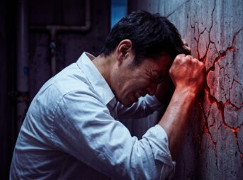 壁に額と拳を押し当て、歯を食いしばる男性。拳の下から赤く光るひびが広がっている