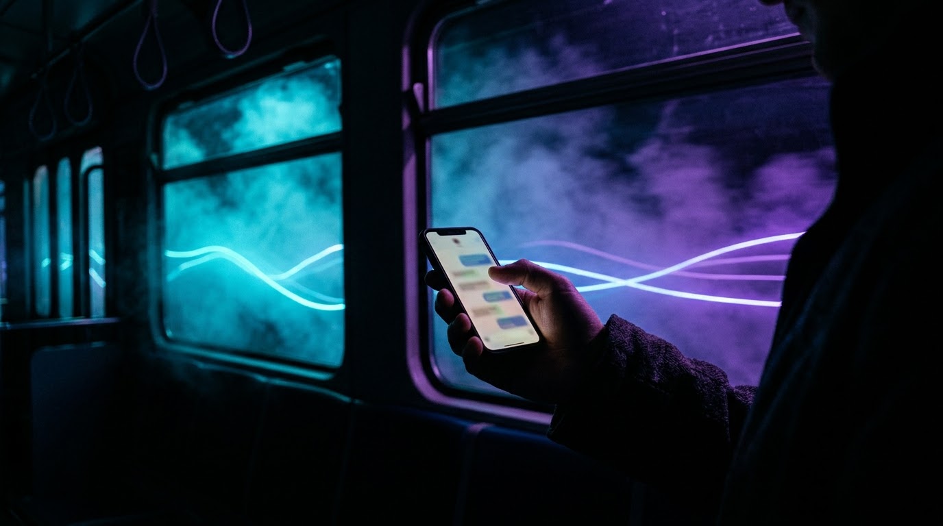 夜の電車でスマホを持つ手